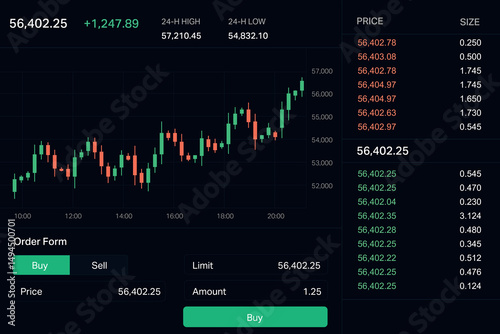 Modern cryptocurrency trading screen with chart and order book