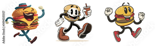vintage retro style burger cartoon mascot character with expressive faces and gestures