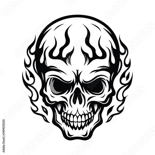 Detailed Skull with Fire Flames Effect, Monochrome, Anatomy, Gothic Art