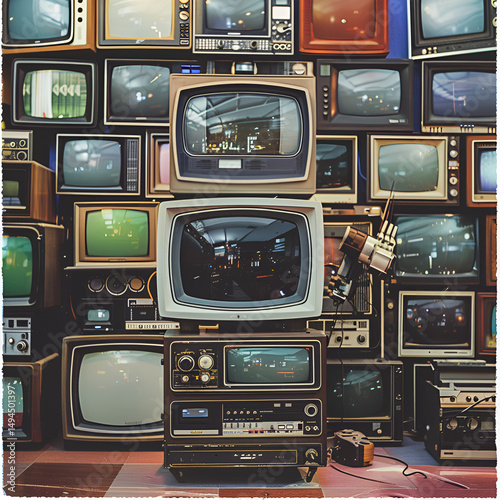 Stack of vintage television sets collage in dark colors representing technology evolution.