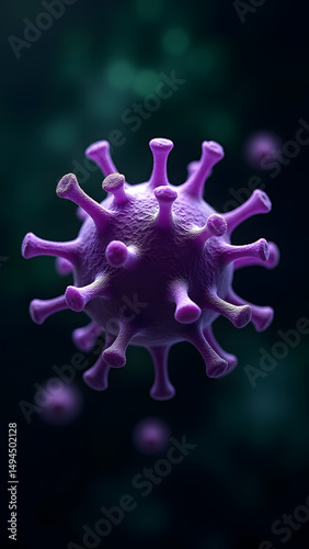 Helical virus with hook-shaped spikes glows purple, dominating frame against a dark microscopic backdrop with green bokeh.
