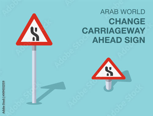 Traffic regulation rules. Isolated Arab world "change carriageway ahead" road sign. Front and top view. Flat vector illustration template.