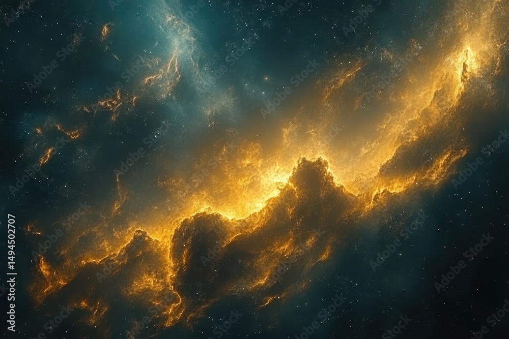 Fototapeta premium Dramatic nebula with glowing golden clouds and stardust on dark blue. Perfect for space exploration, sci-fi, or fantasy themed projects.