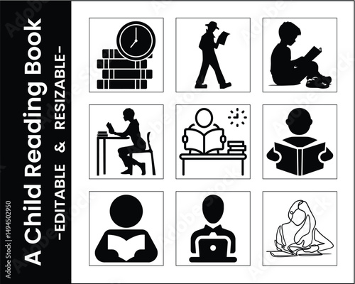 Black And White Icons Of People Reading Books And Learning Resources Collection