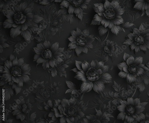 Intricate black charcoal floral wallpaper, elegant texture , classy, black