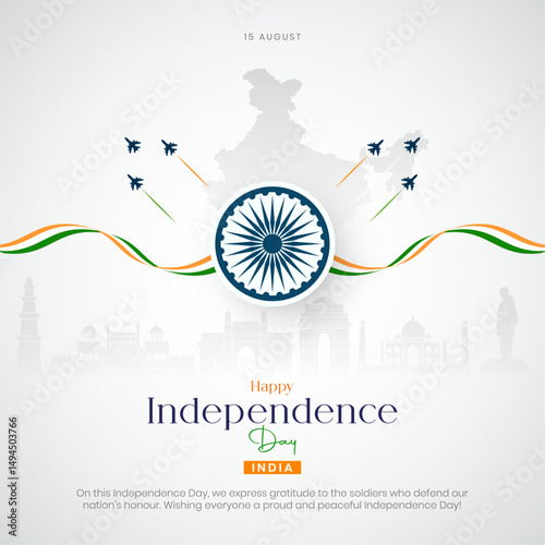 Happy Independence Day India Social Media Post and Greeting Card. 15 August - Indian Independence Day Celebration Flyer Template with Text	