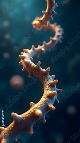 Golden-outlined helical virus with bulbous protrusions under microscope, scientific 3D render with depth of field.