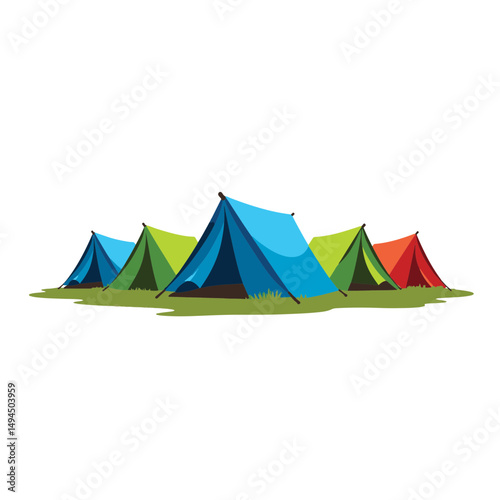 Colorful camping tents aligned on grassy ground, outdoor adventure