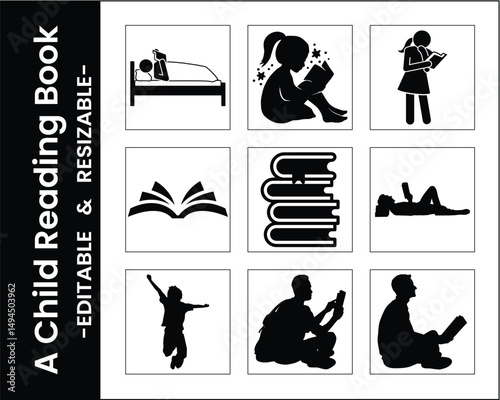 Pictogram Set Illustrating Children And Adults Engaged In Reading Activities In Different Settings