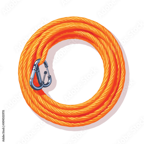 Bright orange climbing rope with carabiners on white background, strength