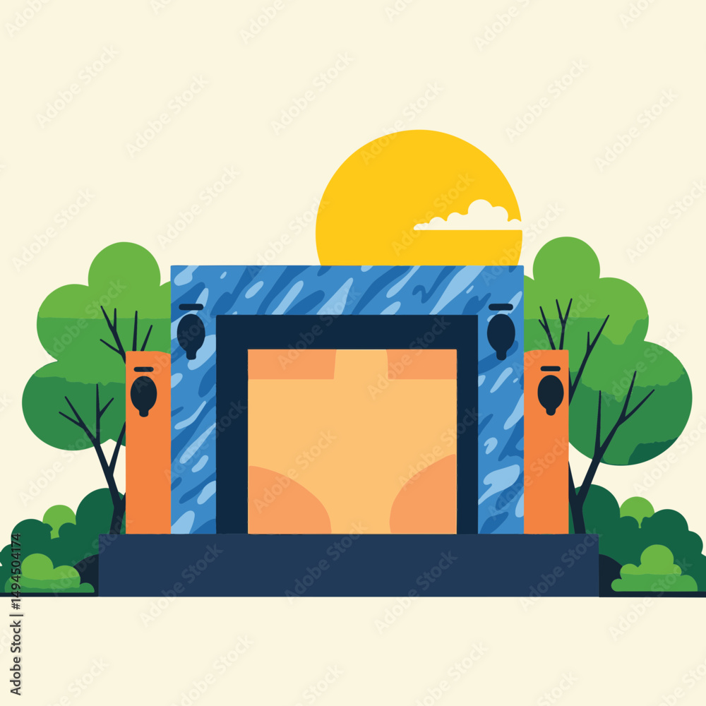 Fototapeta premium Colorful festival stage surrounded by trees, vibrant celebration