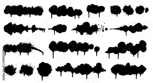 Black Spray Paint Brush Strokes and Splatters Set