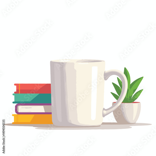 Classic teacher mug with books and plant on minimalist desk, productivity