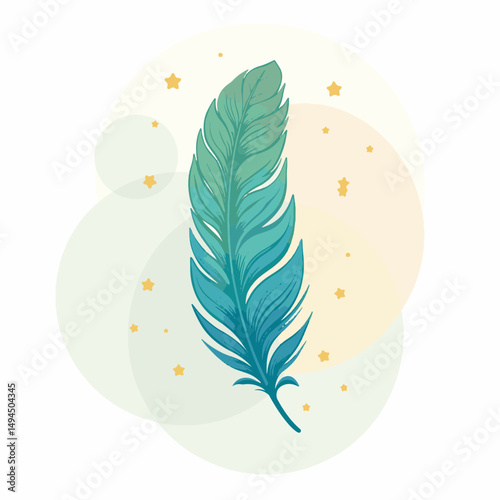 Elegant blue-green feather on pastel background, serenity and calmness