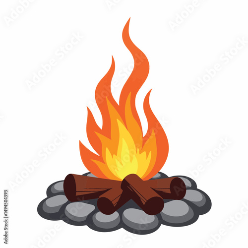 Stylized campfire with swirling flames on white background, warmth