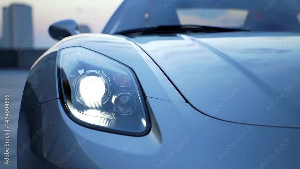 Close up of a parked car’s headlights turning on subtle reflections on shiny body clean urban setting gentle panning across the vehicle