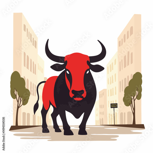 Stylized bull representing strength in historic street scene, tradition