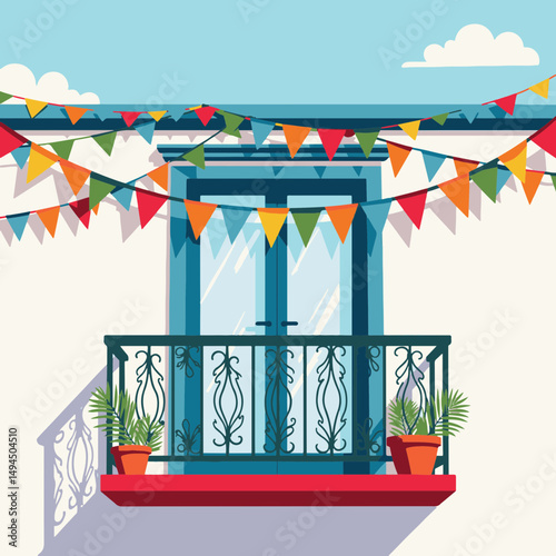 Vibrant festival balcony adorned with colorful decorations, celebration