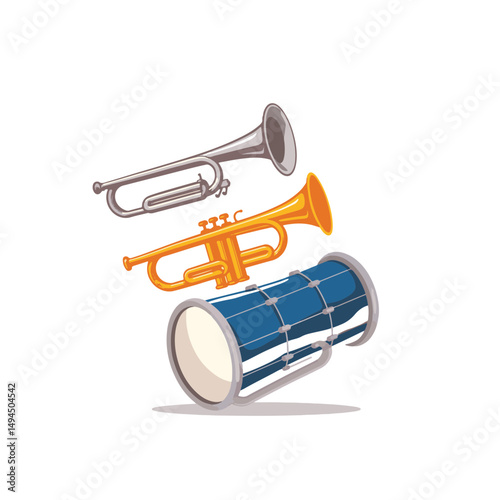 Marching band instruments display in dynamic arrangement, musical celebration