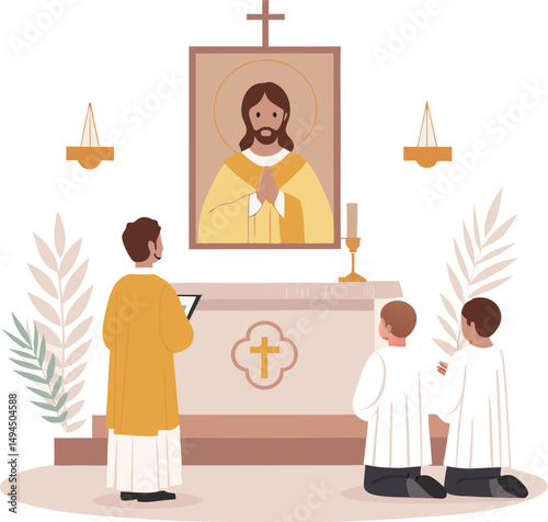 Three boys kneel in prayer while a priest leads a service at the altar.