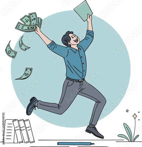 A joyful man celebrating success with money in hand and documents, wearing a casual shirt.
