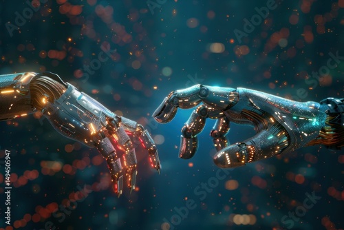 Two robotic hands reaching towards each other, symbolizing technology connection.