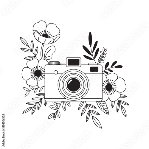 A black and white line art illustration of a vintage camera surrounded by decorative flowers and leaves, High Resolution Vintage Camera Illustration Detailed Vector Design