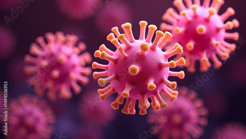 Pink glowing filamentous virus with golden spiral appendages, ultra-detailed microscopic 3D render.