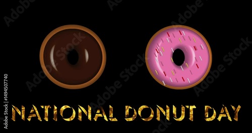 National Donut Day in gold with Donuts on the background in 4K. Donut Day BG with copy space. Donut Day BG for greeting cards, social media posts, and advertisements.Donut Colorful Background