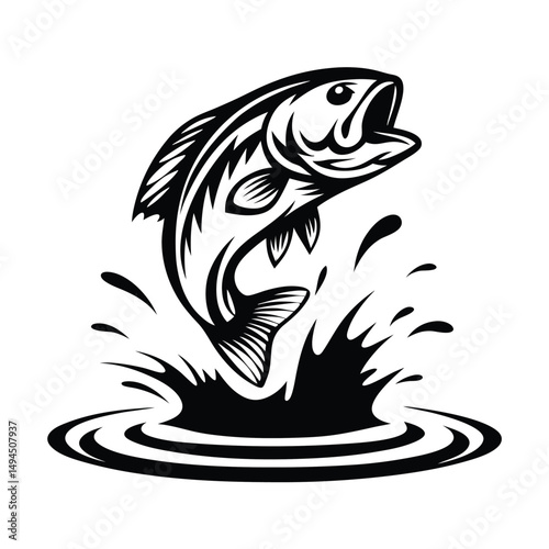 Jumping Bass Fish Silhouette | Water Splash | Catching | Aquatic Wildlife | Black Art
