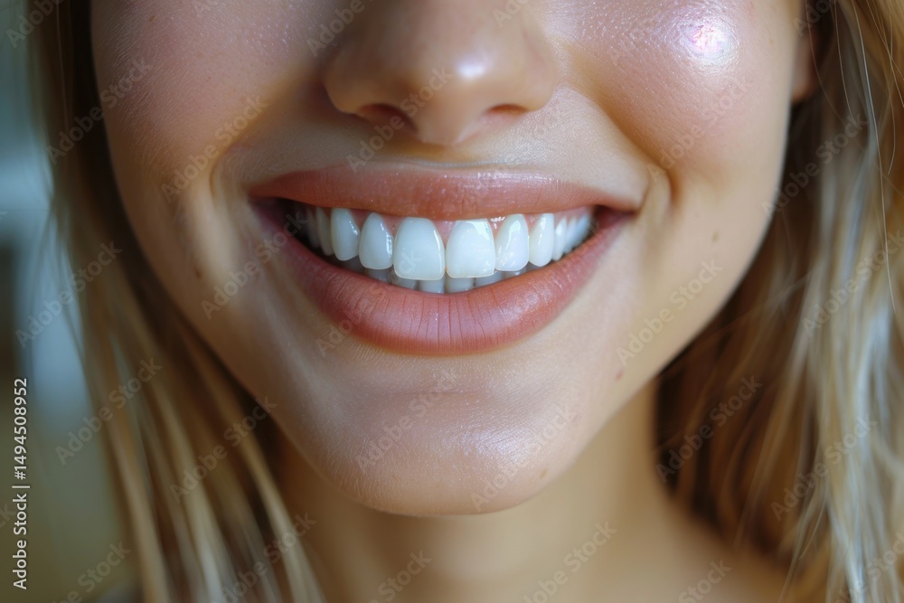 Obraz premium Close-up of a smiling young woman's perfect white teeth.
