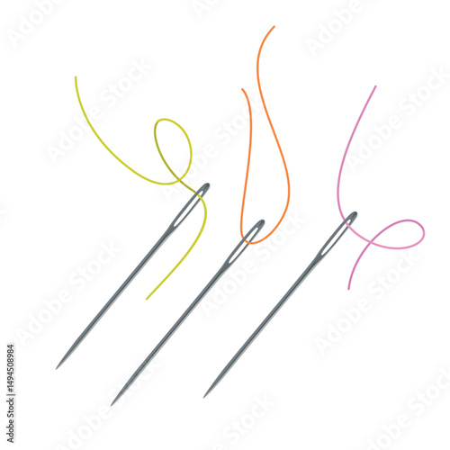 Sewing needles are displayed with brightly colored threads passed through their eyes