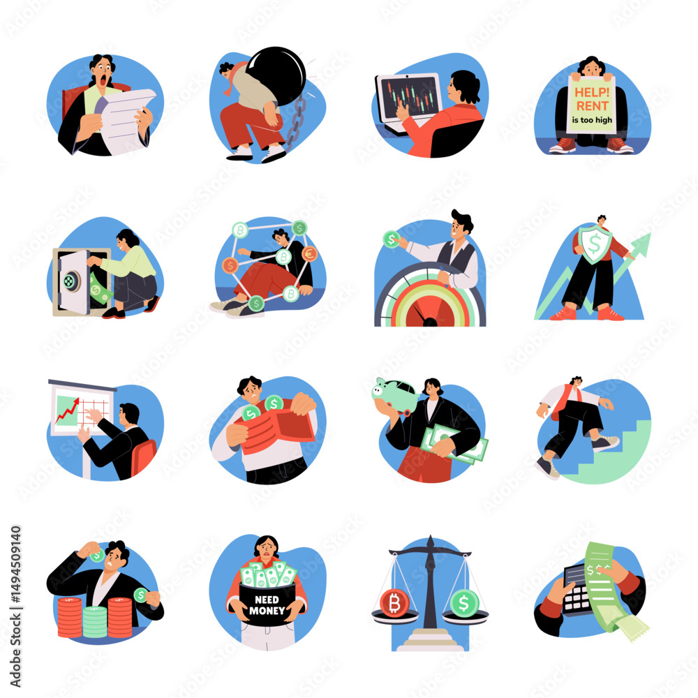 Fototapeta premium Set of 16 Inflation Flat Style Illustrations