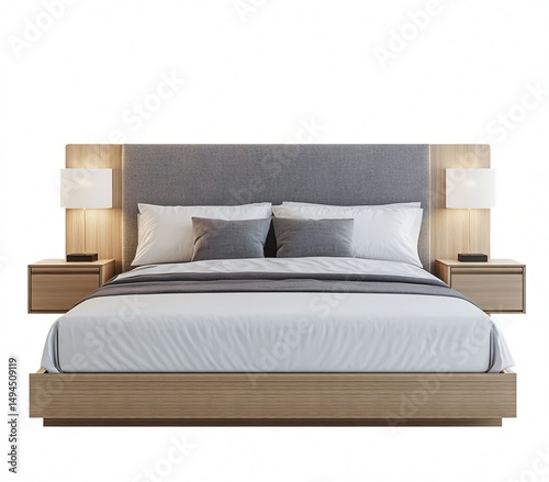 Modern Wooden Platform Bed with Gray Fabric Headboard and Nightstands Perfect for a Relaxing Bedroom Design