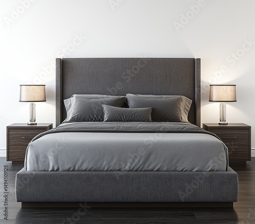 Modern Gray Upholstered Bed in a Minimalist Bedroom Setting with Nightstands and Lamps