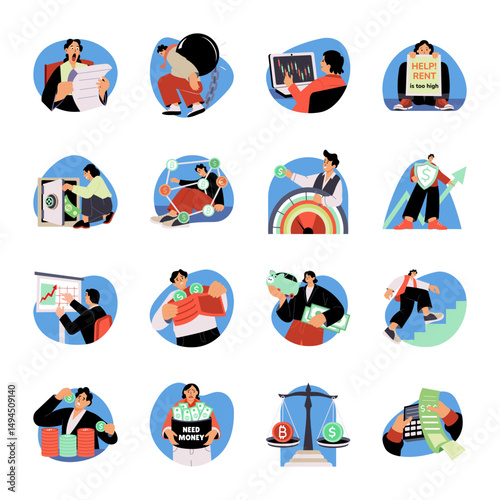 Set of 16 Inflation Flat Style Illustrations 

