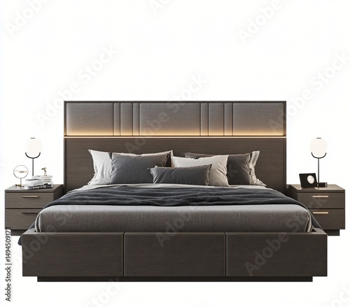 Modern Dark Wood Platform Bed with Upholstered Headboard and LED Lighting Bedroom Furniture Set