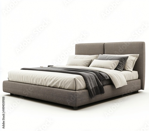Modern Upholstered Platform Bed with Gray Fabric Headboard and Crisp White Linens Perfect for a Relaxing Bedroom Design
