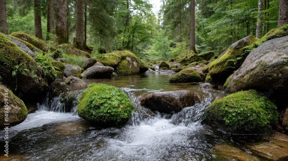 Obraz premium Serene forest stream flowing through mossy rocks in lush woodland