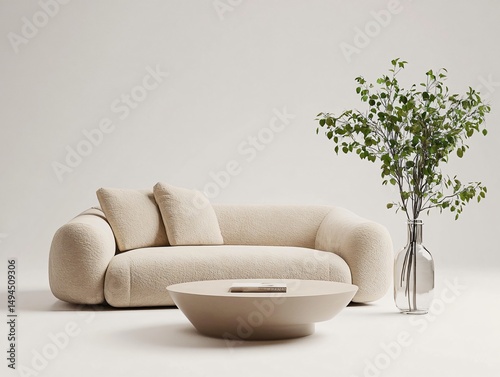 Modern Beige Sofa with Round Coffee Table and Plant in Minimalist Living Room Interior Design