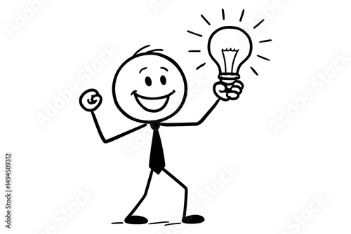Cartoon stick figure businessman celebrating with shining light bulb idea. concept illustration of success and innovation.
