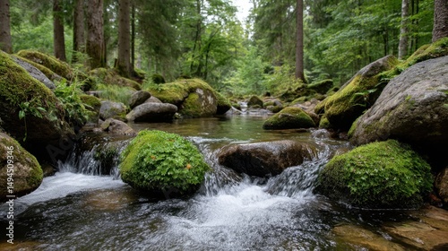 Serene forest stream flowing through mossy rocks in lush woodland