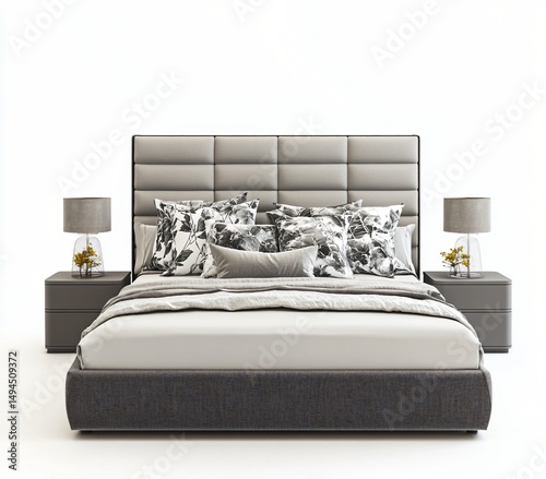 Modern Gray Upholstered Bedroom Bed with Floral Pillows and Nightstands