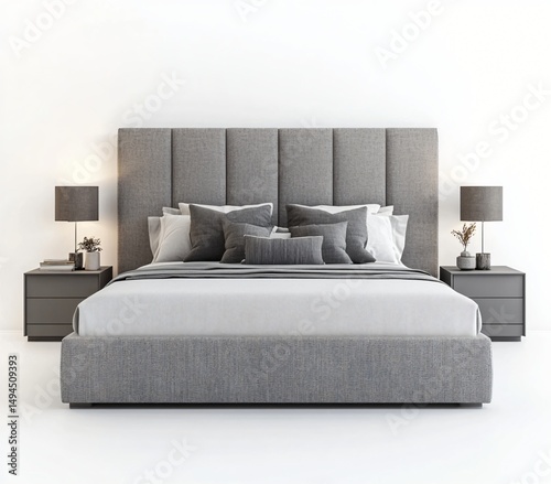Modern Grey Bedroom Interior Design Stylish King Size Bed with Headboard and Nightstands