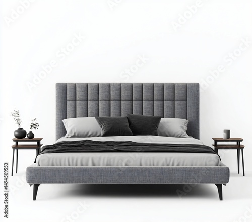 Modern Grey Upholstered King Size Bed in Minimalist Bedroom Setting Stylish Bedroom Interior Design with Nightstands