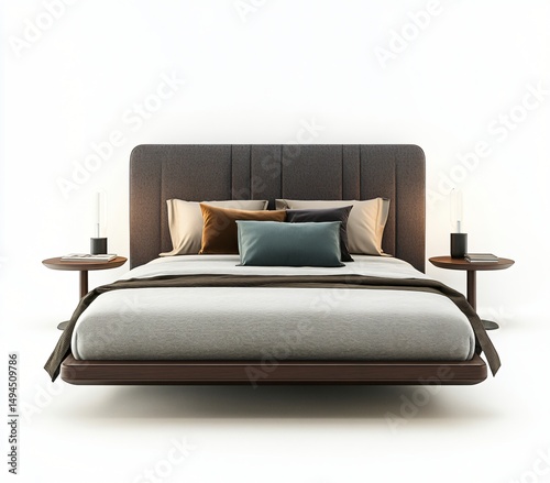 Modern bedroom design featuring a stylish platform bed with dark wood frame and plush gray headboard