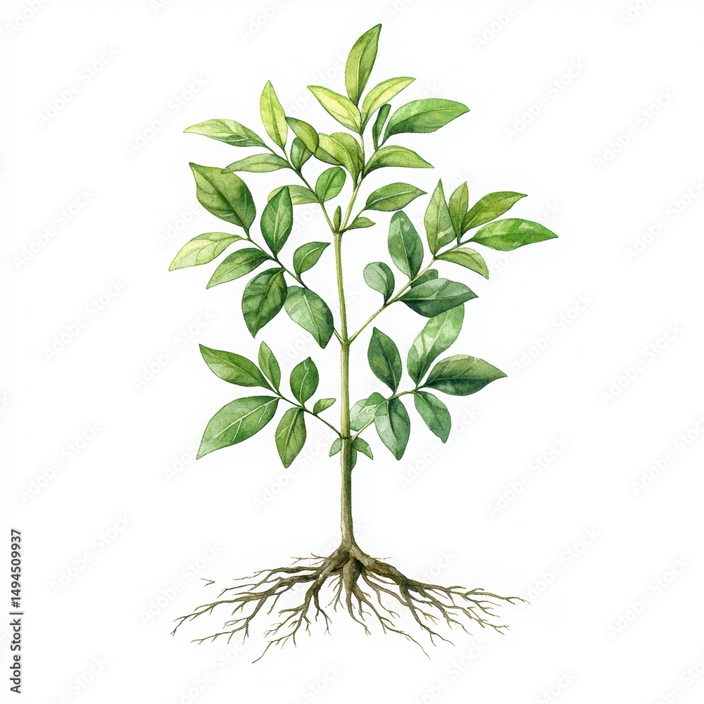 Fototapeta premium Green Plant with Leaves and Roots on White Background