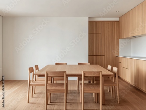 Minimalist Modern Light Oak Dining Room Interior Design with Wooden Table and Chairs