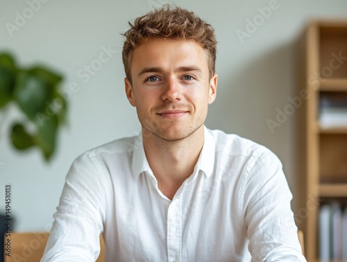 Portrait of a Young Caucasian Man Smiling Confidently in a White Shirt