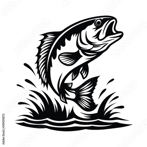 Black and White Leaping Bass Fish, Water Splash Silhouette, Open Mouth, Sharp Fins